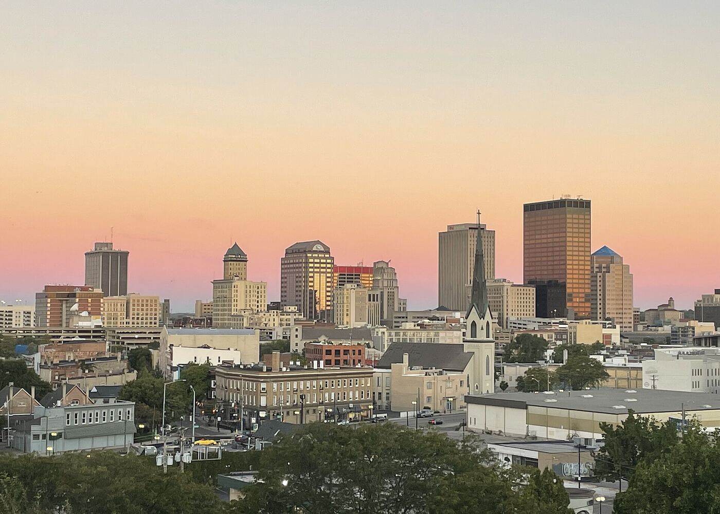 Dayton, Ohio downtown skyline at sunset