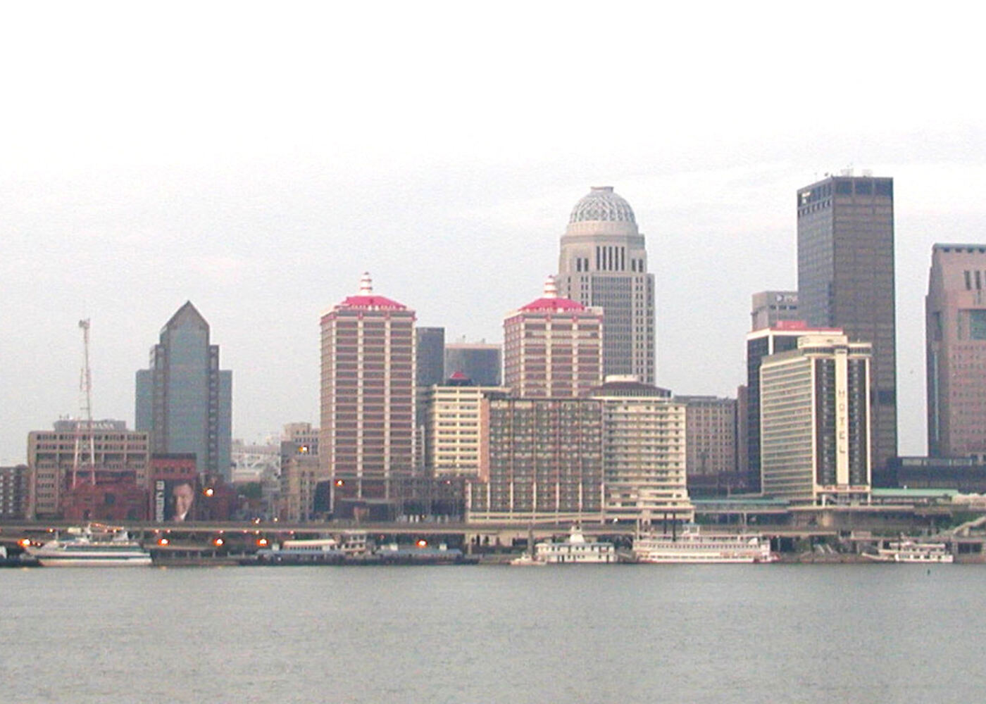 Downtown Louisville Kentucky skyline at dusk