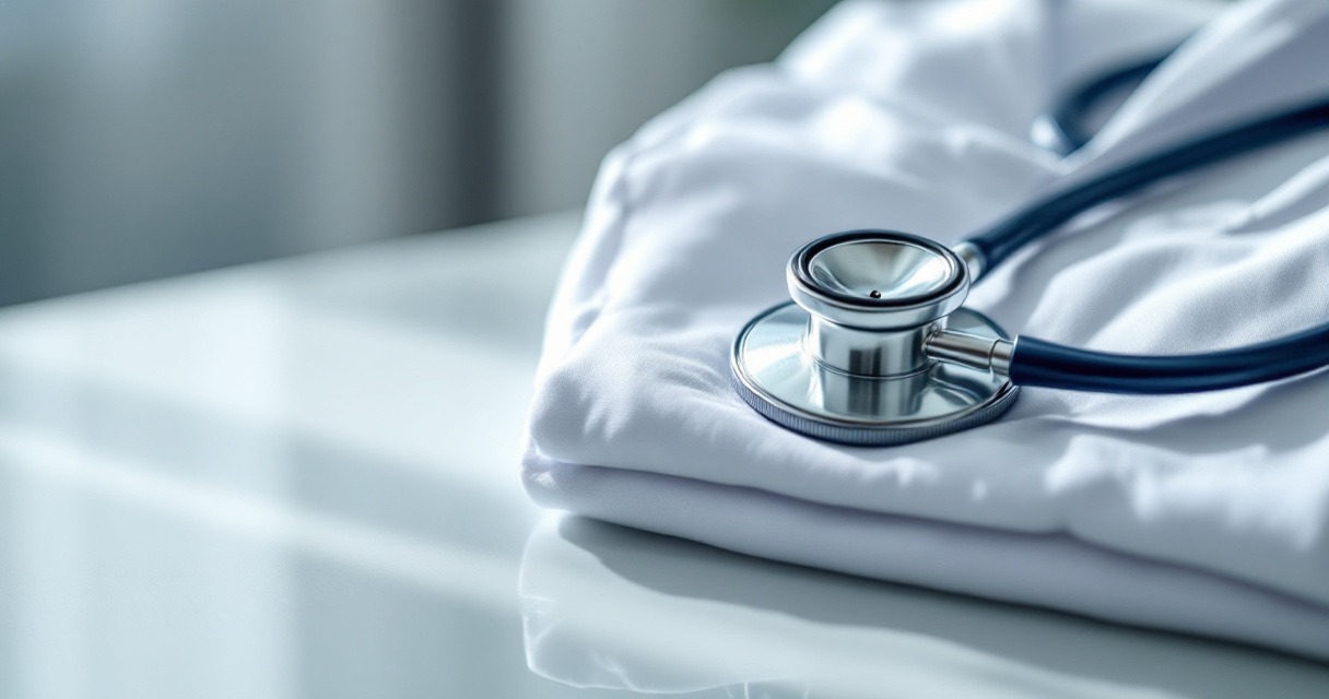 A stethoscope on a white medical coat representing clinical staff credentials