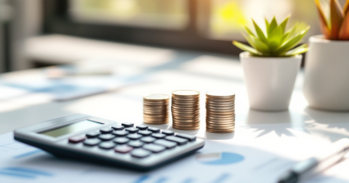 Calculator, coins, and a plant on a desk representing rehab cost by type of care