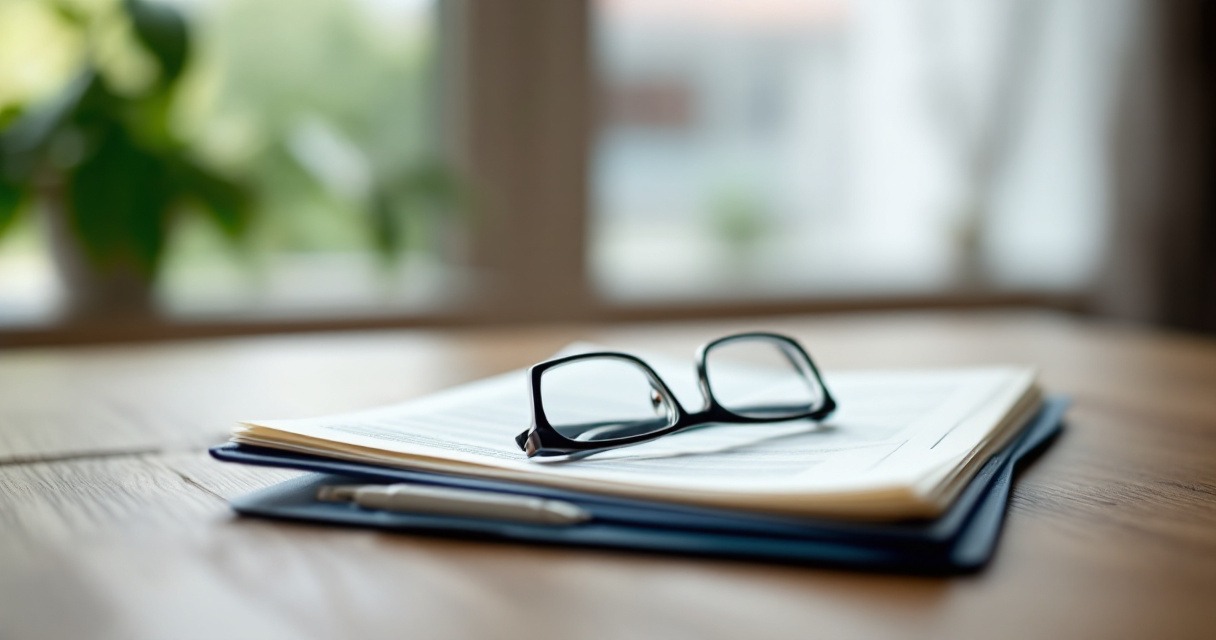 A document folder and reading glasses representing insurance coverage for rehab