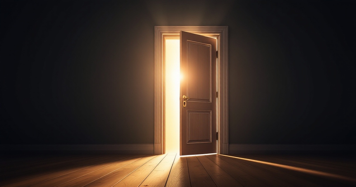 An open door leading to soft warm light, symbolizing healthy boundaries and an open path to recovery