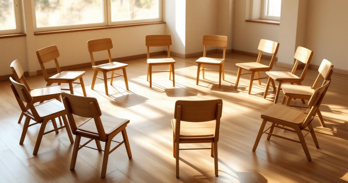 A circle of empty chairs in a warm, softly lit room, representing a family intervention or support group