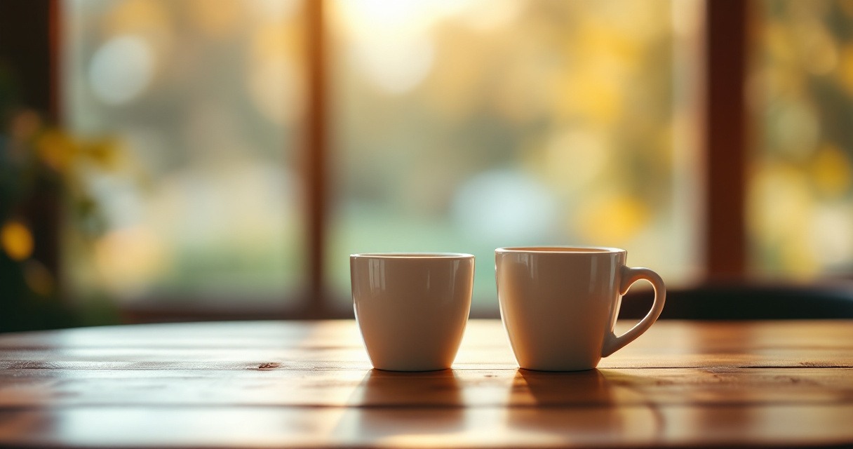 Two coffee mugs on a wooden table in soft morning light, suggesting a calm, honest conversation